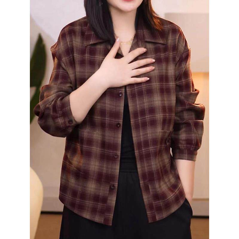 JOYIASS轻奢时尚覆古格子衬衣外套女秋季新款大码胖妹妹宽松遮肉