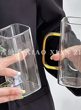 简约高级感透明方杯玻璃杯高硼硅耐高温ins风水杯带把手家用杯子