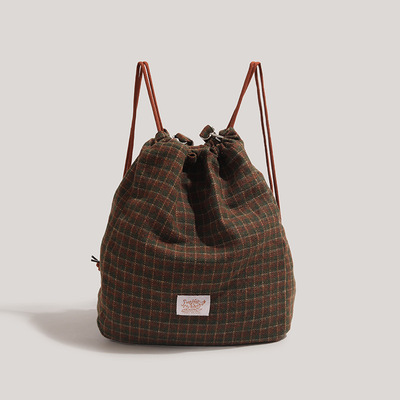 GuessWhat秋冬新款复古大容量束口双肩包格子斜跨包男女同款