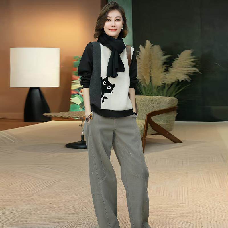 JOYIASS高级感长袖卫衣女秋冬新款2025爆款时尚洋气百搭小猫印花