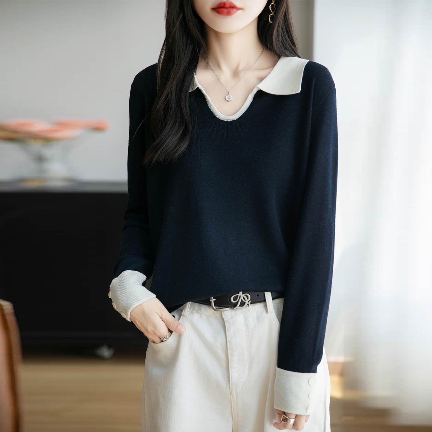 JOYIASS法式撞色POLO领针织衫女miu系上衣2025新款精纺细毛翻领显