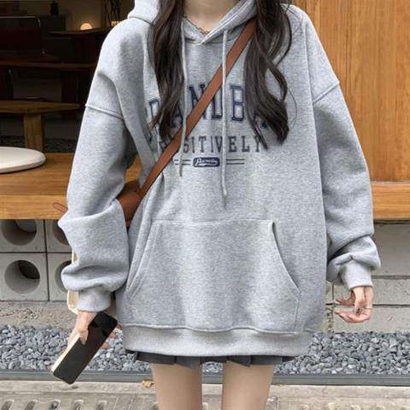春秋冬学生印花宽松保暖长袖上衣加绒加厚连帽卫衣女跨境货源