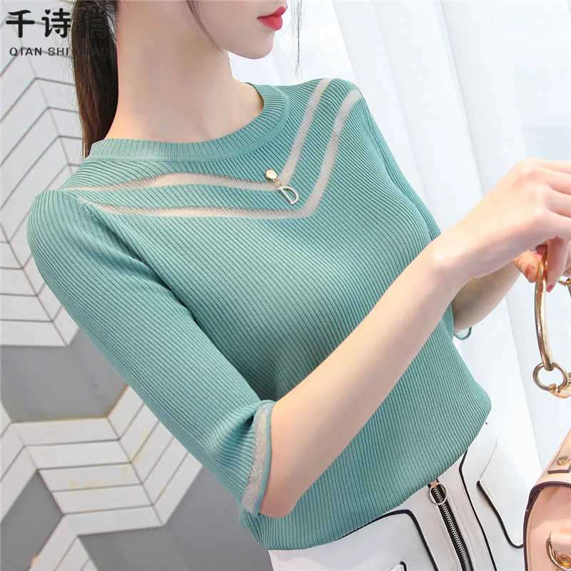 冰丝雪纺拼纱针织宽松圆领T恤女