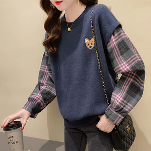 千诗俏2026新款毛衣女宽松春秋新长袖圆领韩版百搭刺绣假两件女潮