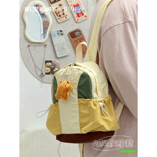 美式复古拼色小书包女休闲户外轻便迷你双肩包小学生春游研学背包