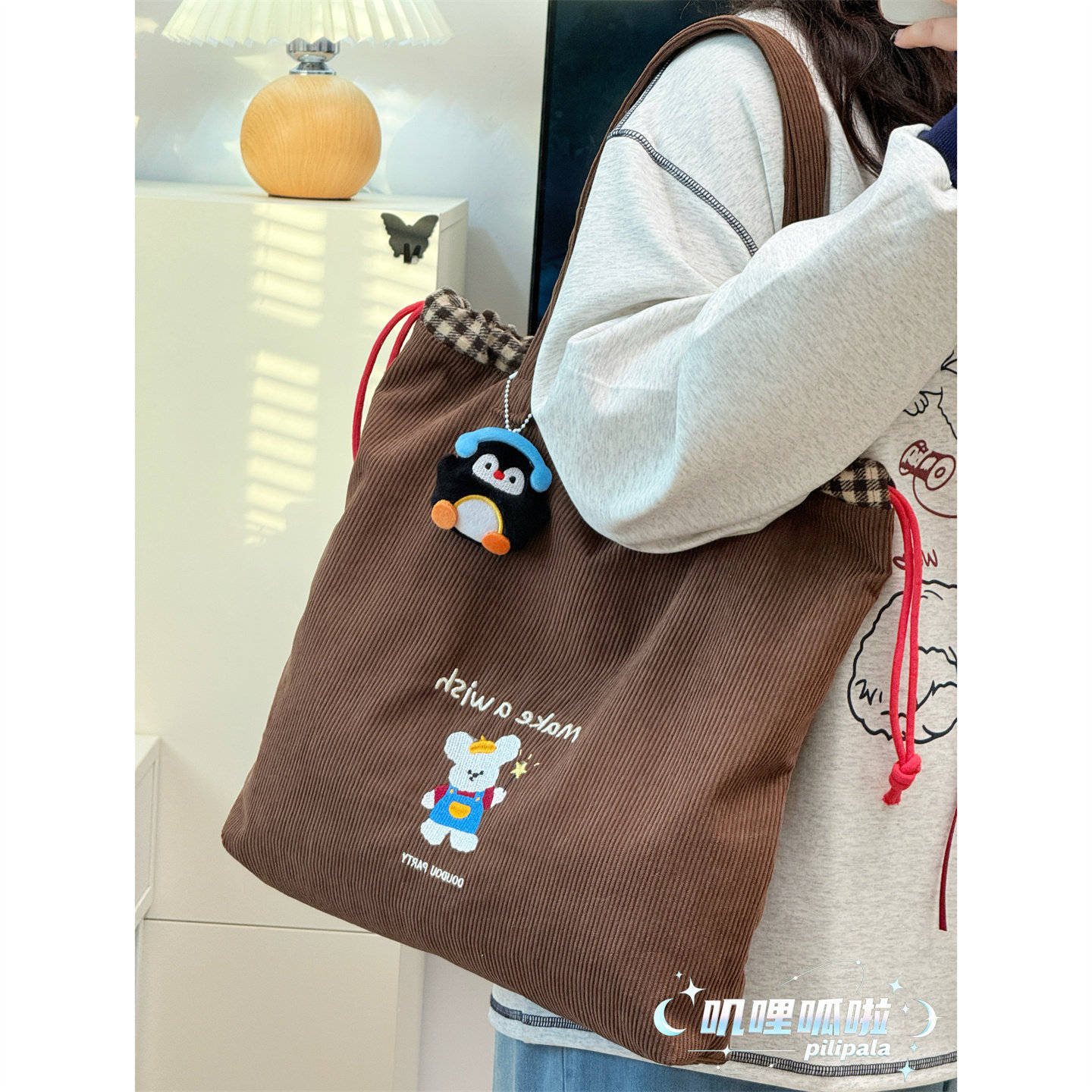 美式复古灯芯绒托特包可爱卡通刺绣单肩包女生日常百搭通勤手提袋