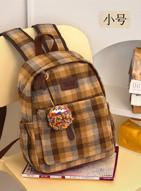 原创日系复古格子书包女秋冬大容量初高中学生双肩包百搭撞色背包