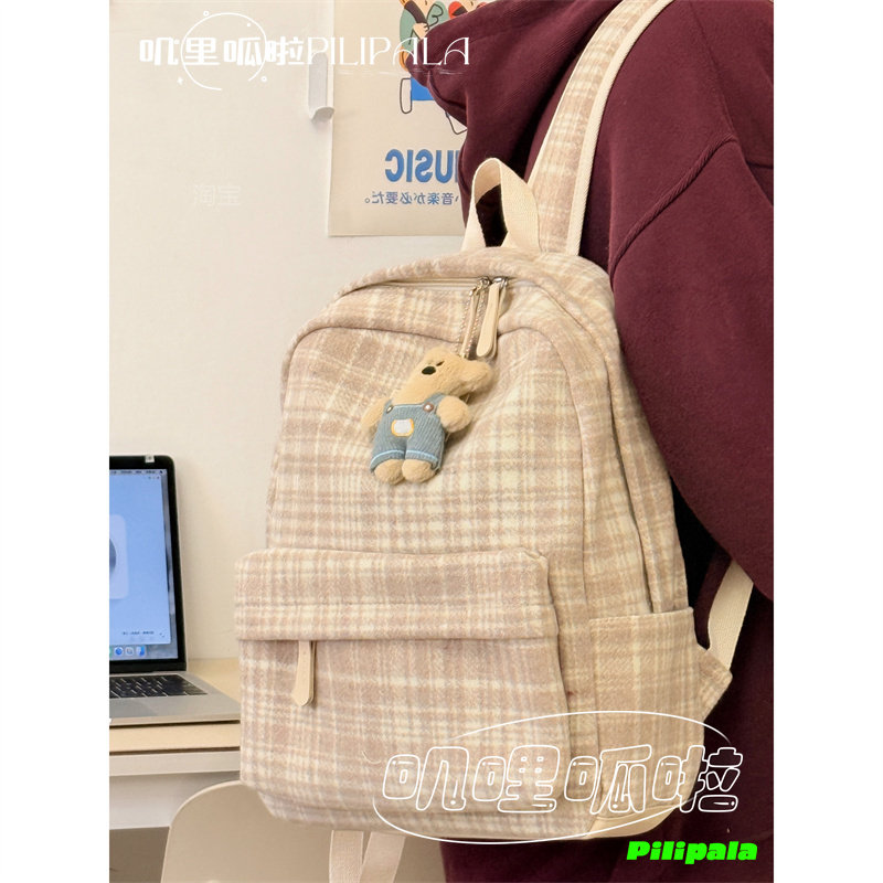 日系秋冬毛呢格子书包女高中生初中双肩包百搭休闲大容量旅行背包