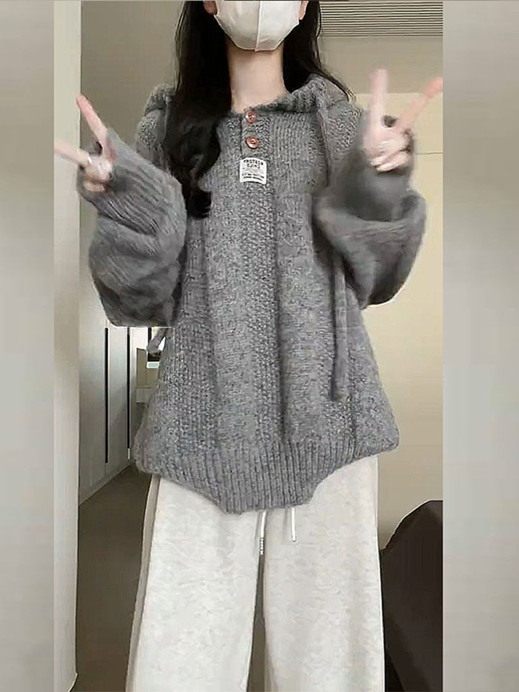 慵懒风灰色连帽卫衣毛衣女2025新款爆款秋冬季外套针织衫2025上衣