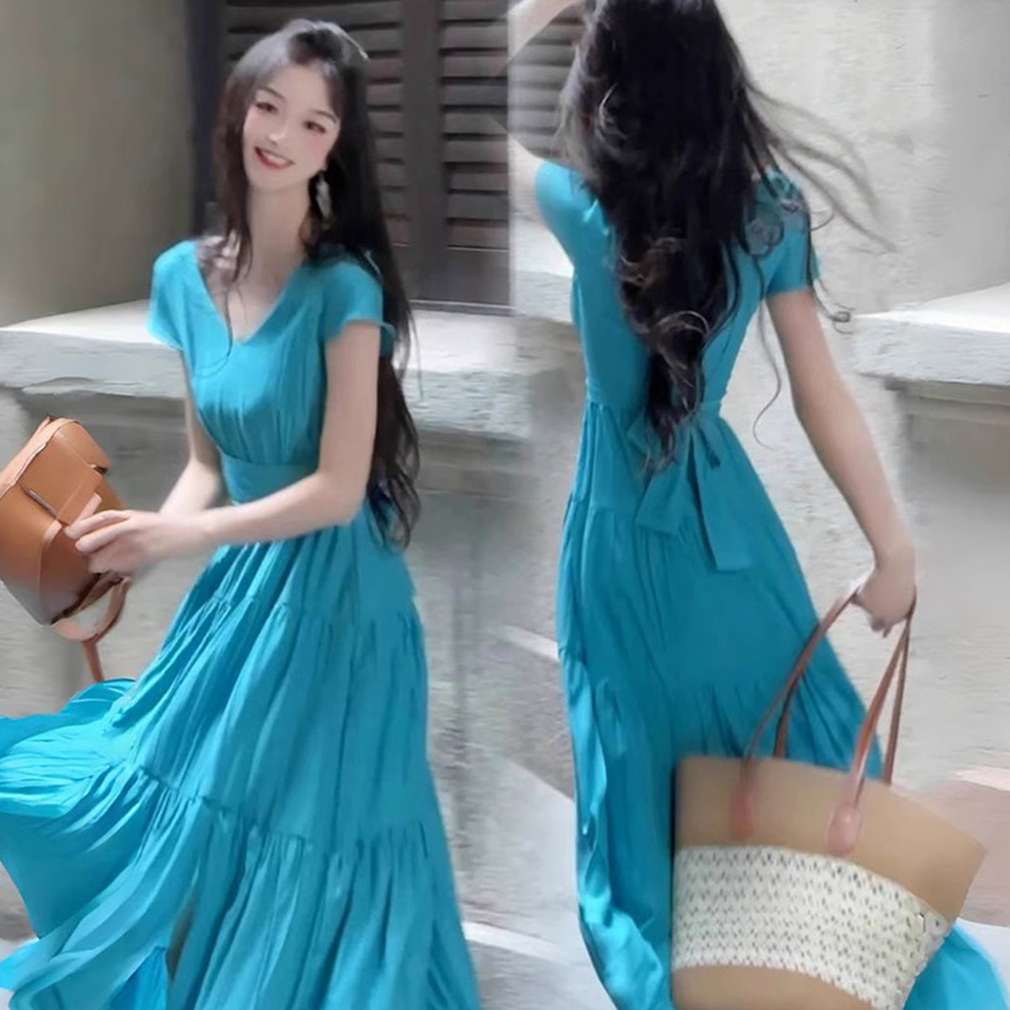 小个子巨好看气质蓝色连衣裙子女装夏季2025新款今年流行爆款长裙