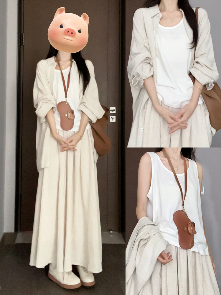 2024早秋季新款夏季流行穿搭套装白色衬衫连衣裙子女装小个子长裙