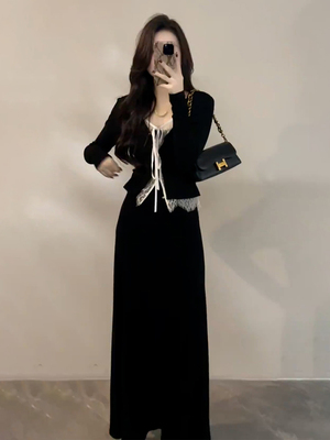 2025新款秋季法式黑色长袖连衣裙子女装今年流行爆款穿搭套装长裙