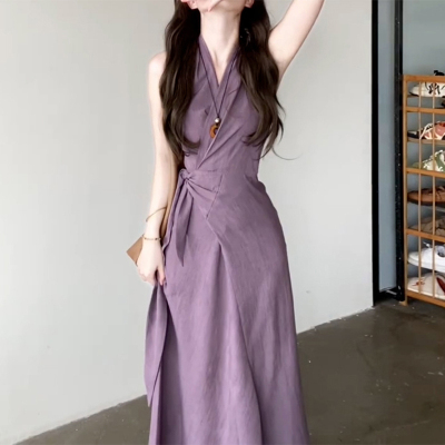 超好看独特漂亮紫色收腰无袖连衣裙子女装夏季2025新款小个子长裙