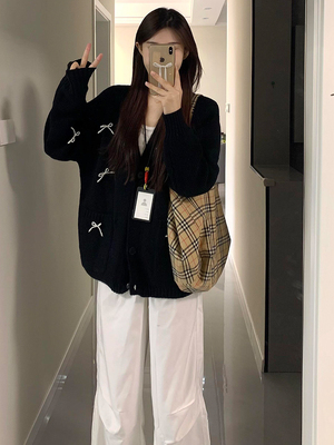 慵懒风黑色宽松v领毛衣外套女2025新款早秋季针织开衫上衣高级感