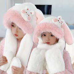 冬季帽子围巾手套一体保暖加厚可爱兔耳朵会动儿童冬天毛绒护耳帽