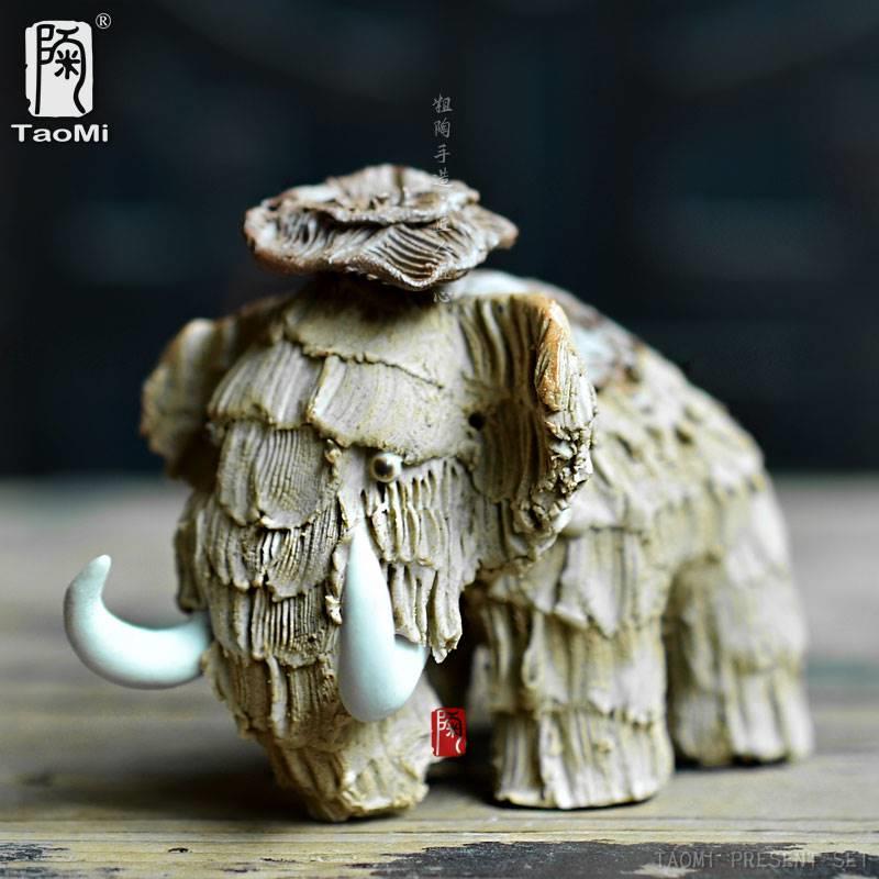 陶迷手工陶艺粗陶茶宠摆件可养陶泥茶道配件猛犸象雕塑吉祥大象