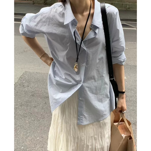 韩代ounce纯色宽松翻领长袖衬衫