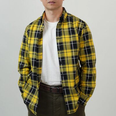 复古休闲黄格子衬衣春秋款重磅撞色全棉衬衫