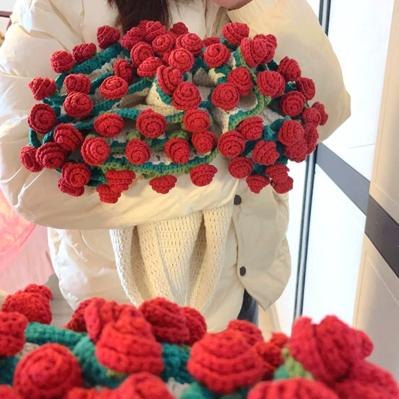毛线花朵牛奶棉玫瑰花束毛毯钩织手工编织diy毯子花束毛毯材料包