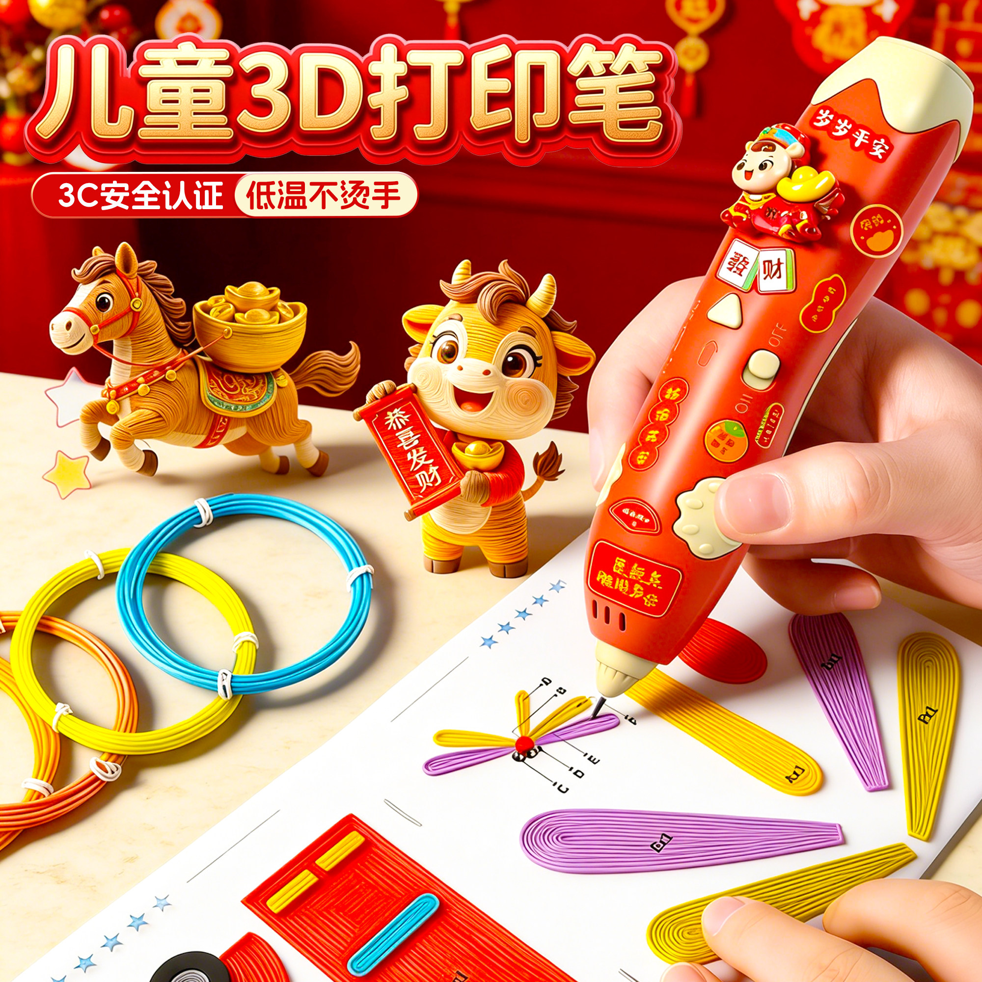 2026马年主题3d打印笔儿童款三d立体绘画涂鸦笔新年小女童手工diy玩具新年生日礼物元旦春节女孩涂鸦绘画套装,文具电教/文化用品/商务用品,3d立体果冻笔/绘画笔/打印笔,淘宝优惠券,粉丝福利购,淘宝优惠卷