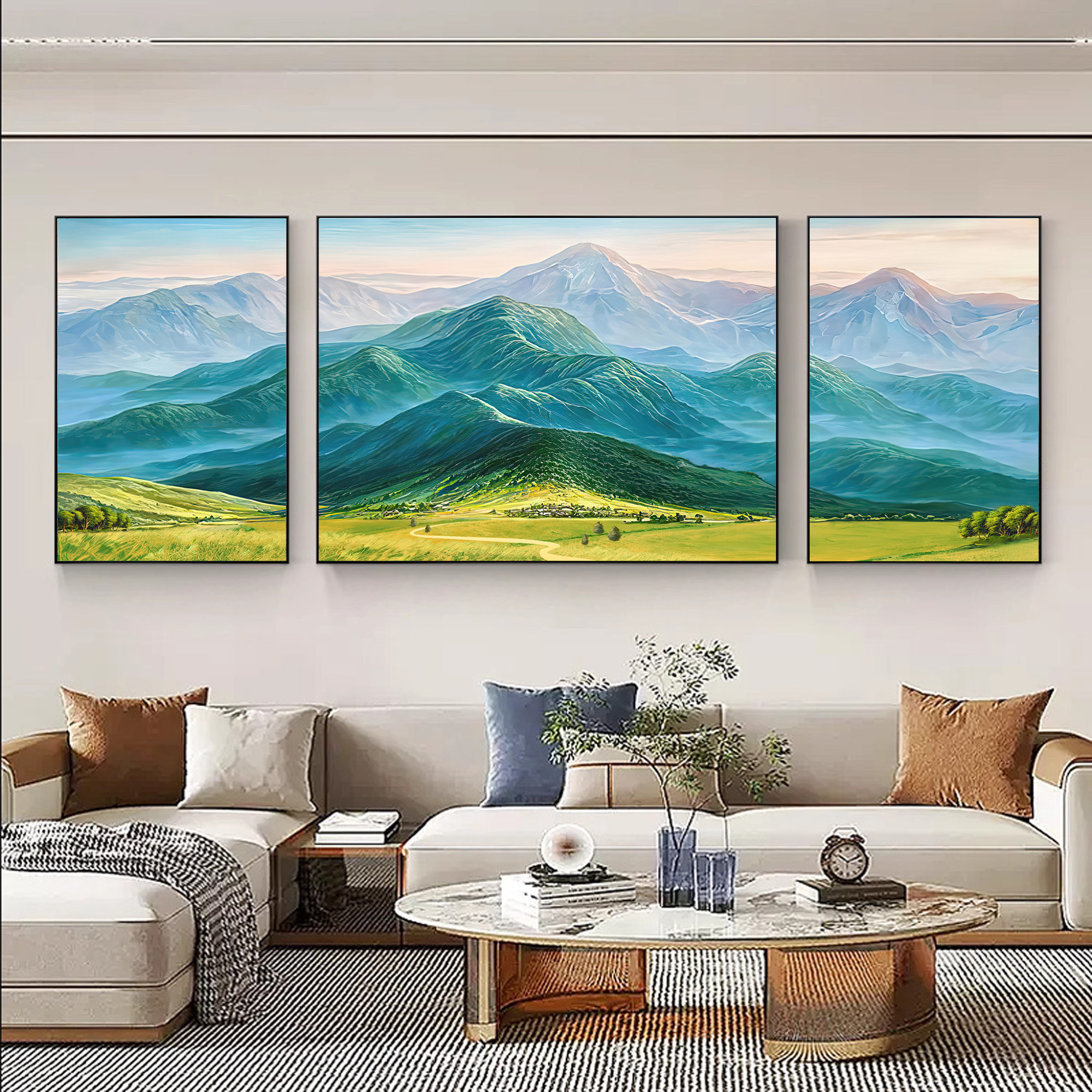 东西墙有山无水三联画山景可定制