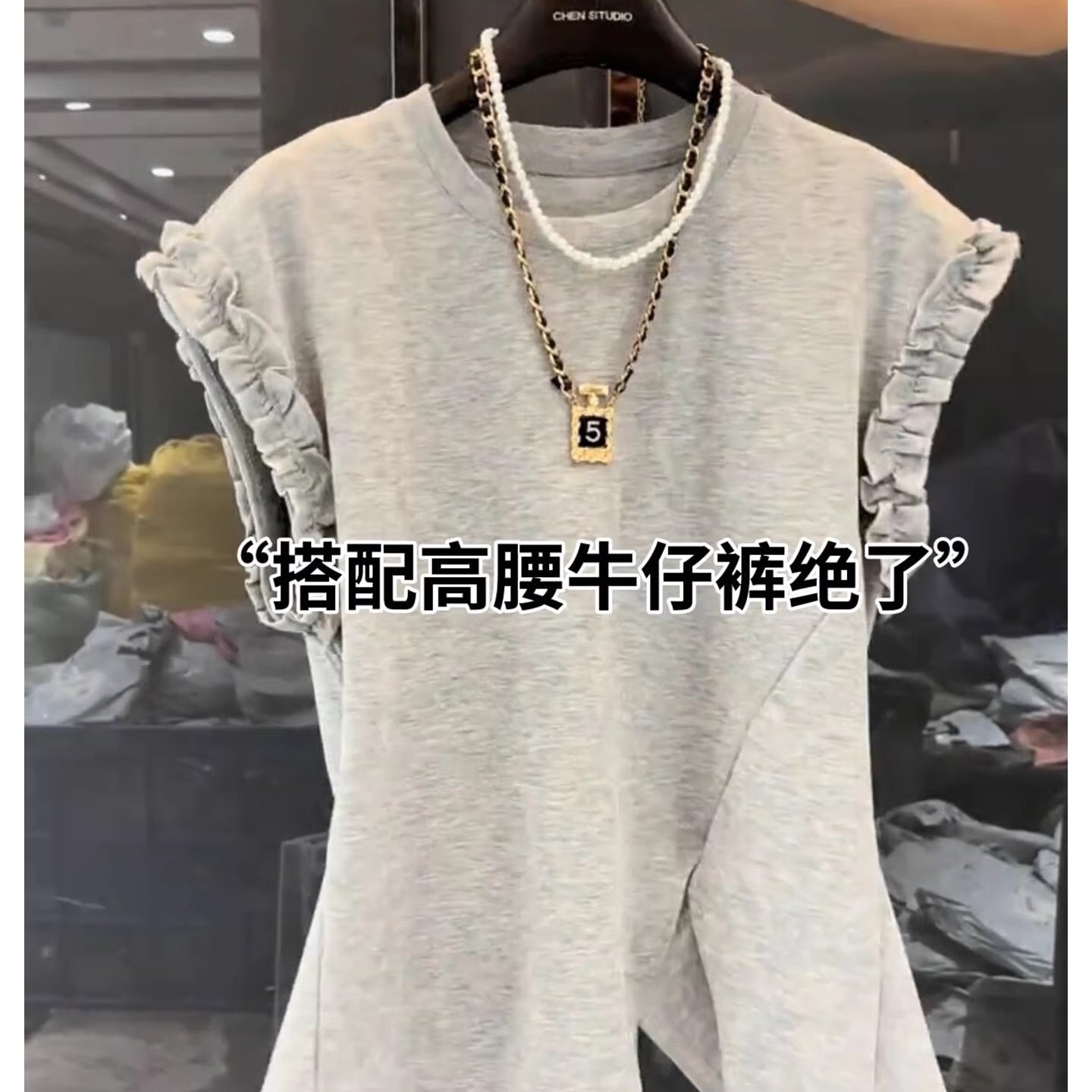 不规则后背绑带圆领短袖T恤女