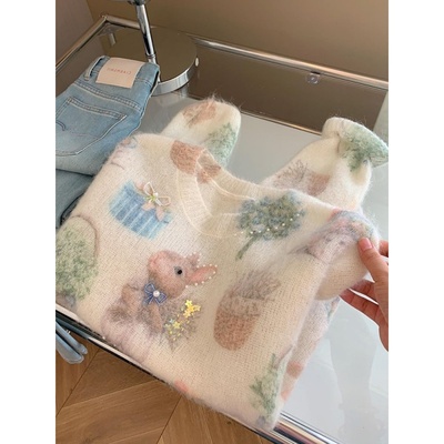 日系可爱小兔子印花钉珠圆领毛衣
