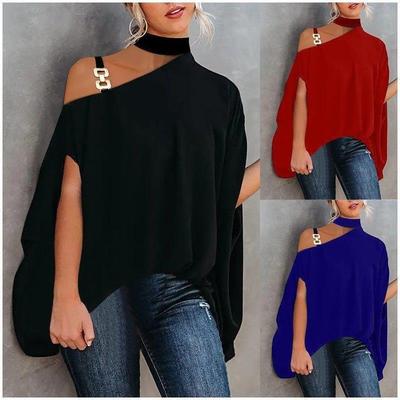 women blouse Ladies Solid Irregular Chain Strap Print Top 22