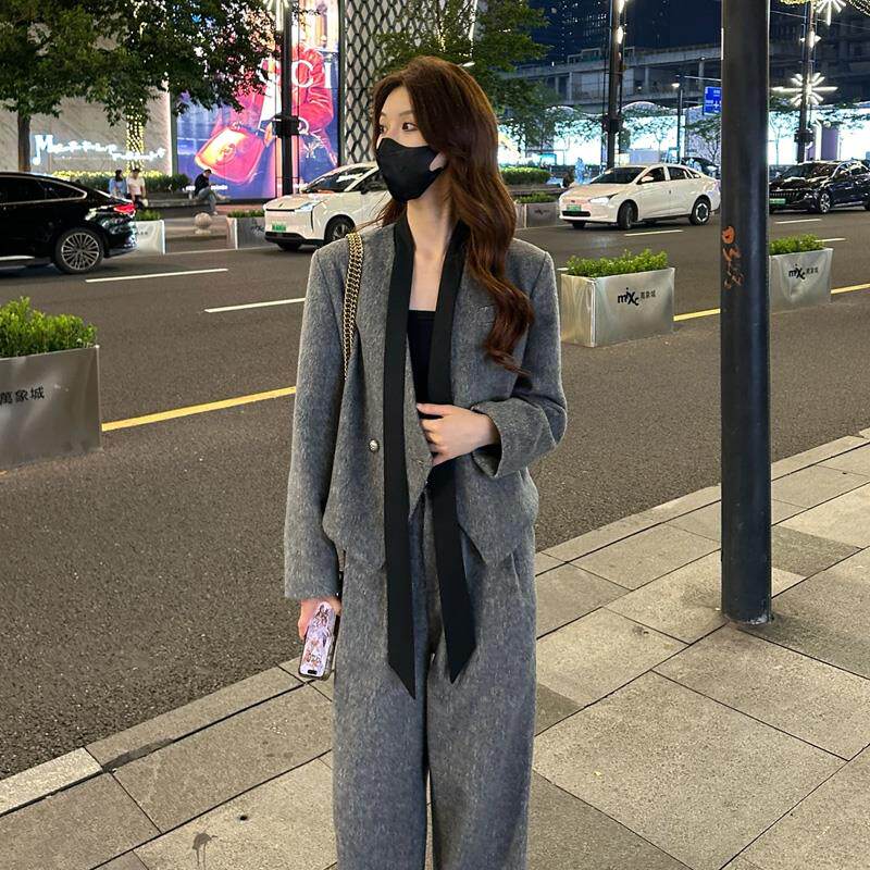 BLLOUKE高级感加厚西装套装女秋冬飘带呢子西服短外套休闲直筒长