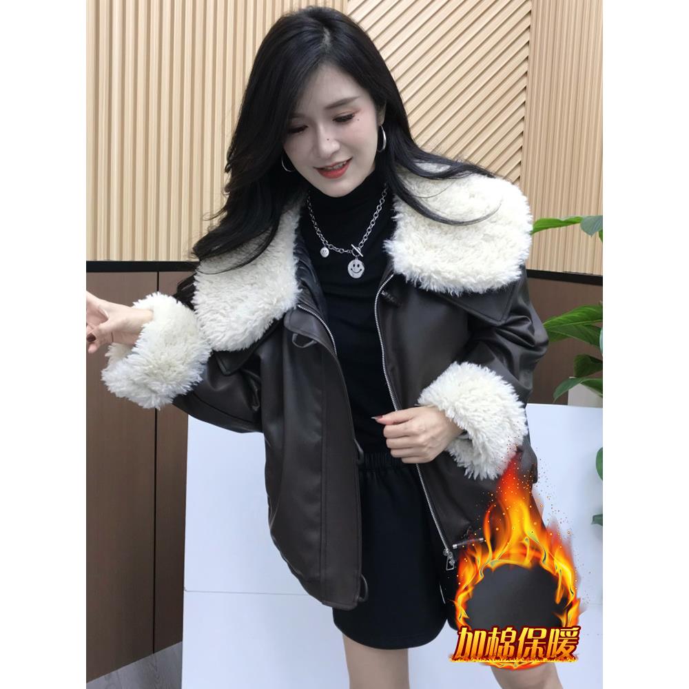 JOYIASS2025秋冬季新款女士韩版加绒翻领皮衣宽松减龄服加厚短外