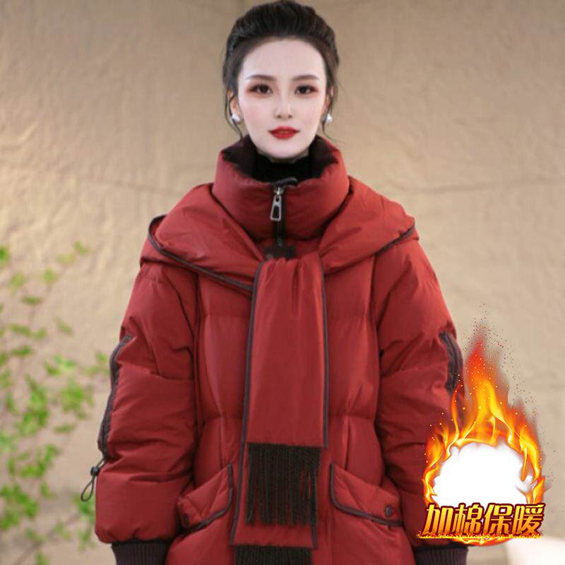 JOYIASS2025年冬季新款中长款围巾领加绒服女款小个子加厚保暖袄