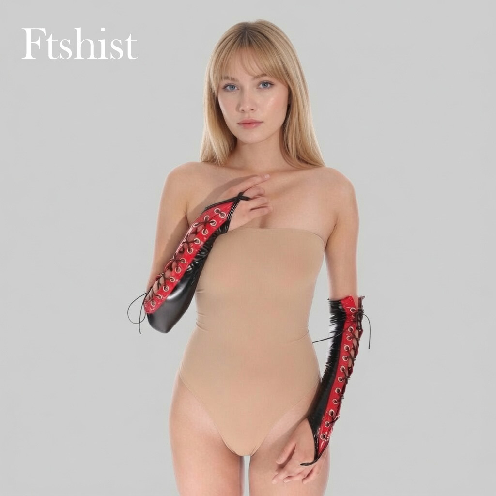 Ftshist 暗黑机能绑带挂指长手套红黑拼接液体皮欧美重工辣妹