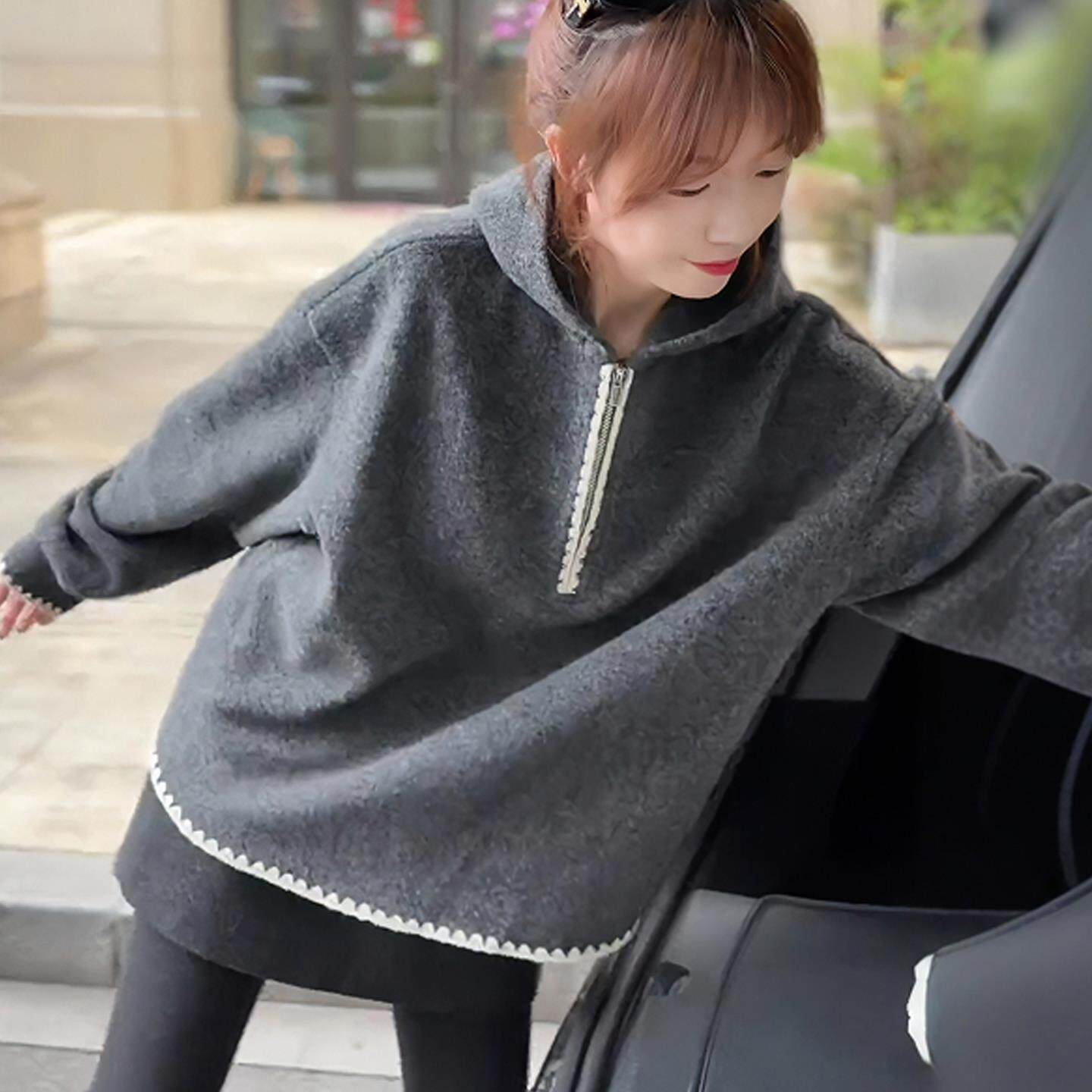 JOYIASS连帽半拉链加厚加绒卫衣女2025新款秋冬季中长款上衣女遮
