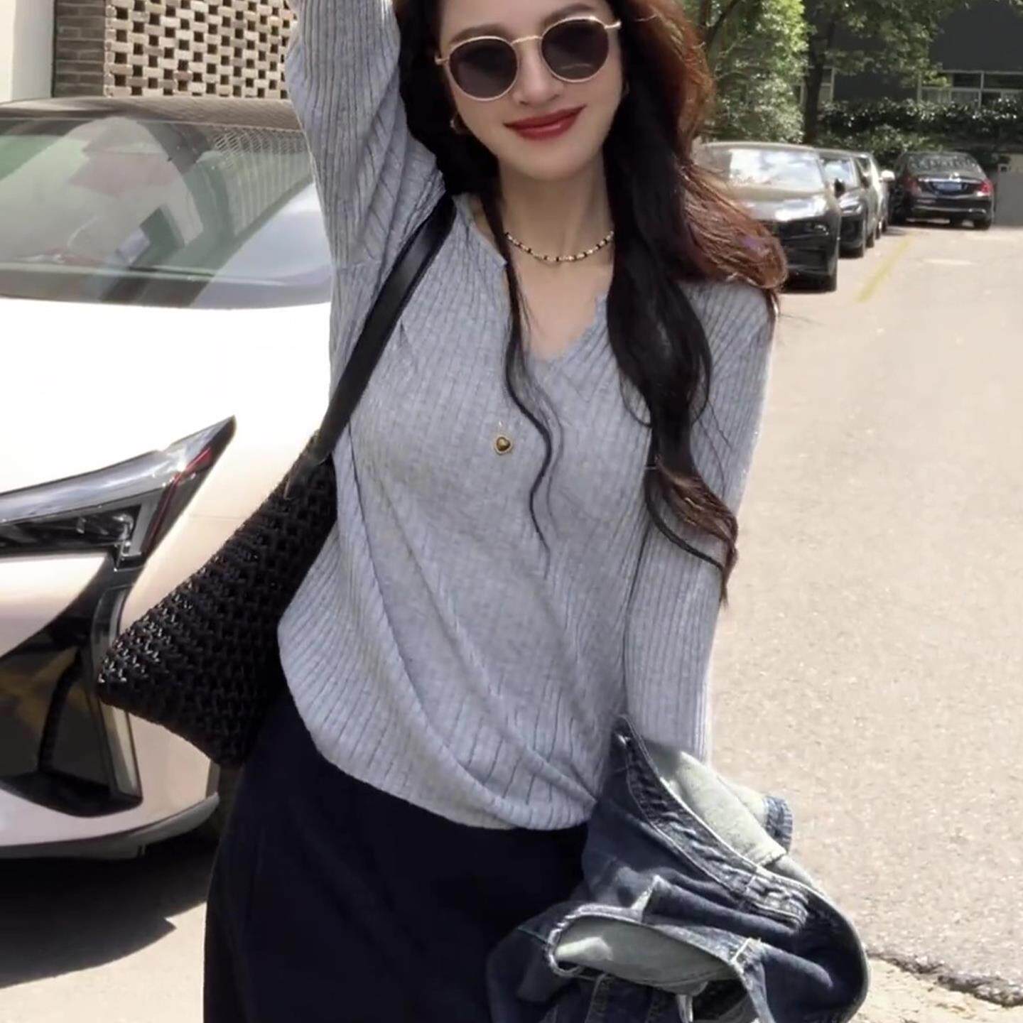 JOYIASS早秋薄款v领长袖针织衫女2025新款春秋季内搭打底衫宽松显