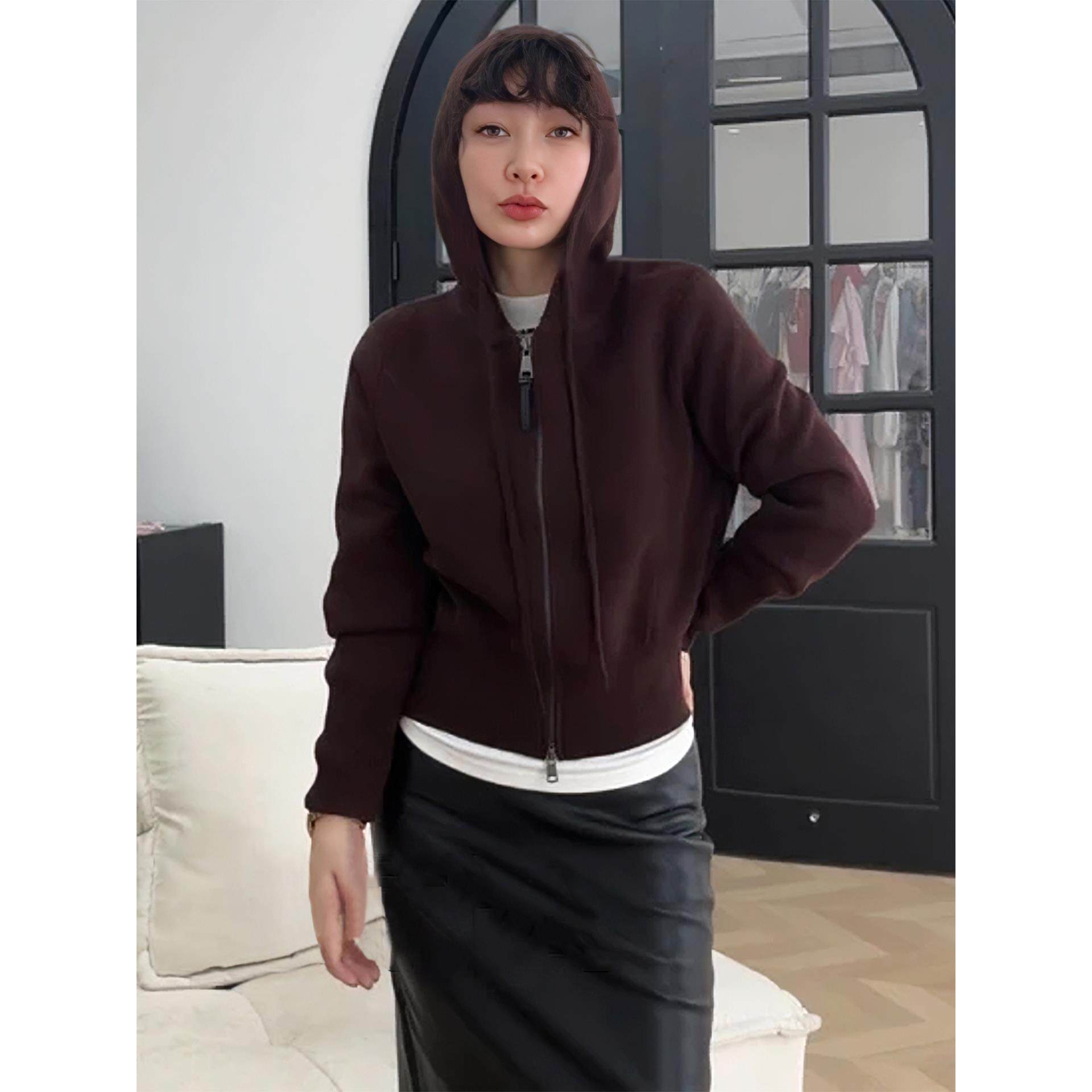 JOYIASS双拉炼连帽毛衣开衫外套女2025新款秋冬季高级感时尚洋气