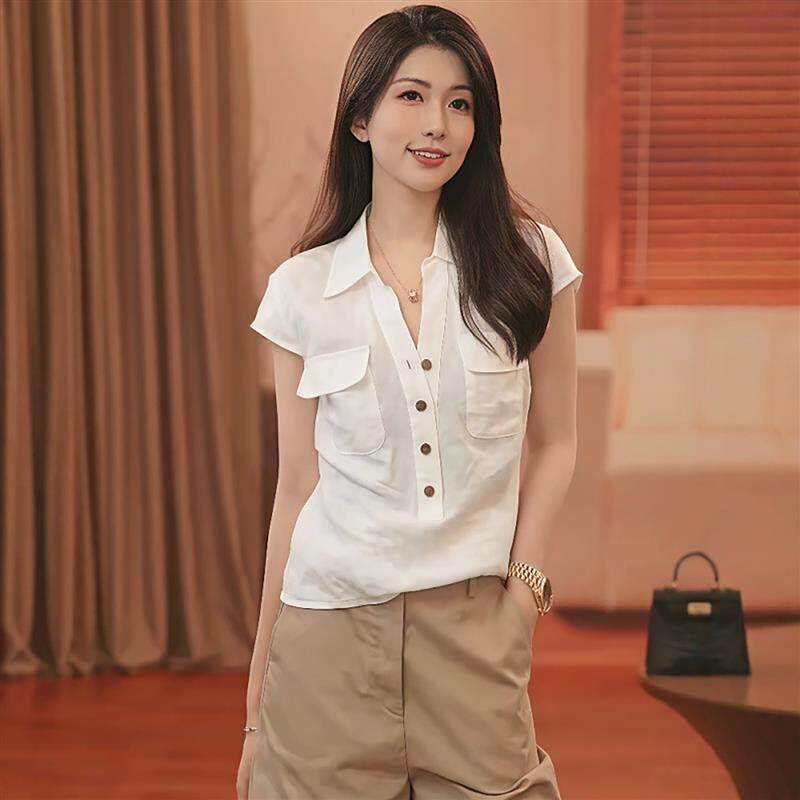 BLLOUKE红色Polo领短袖衬衫女款2025新款夏季薄款宽松显瘦1/4吋