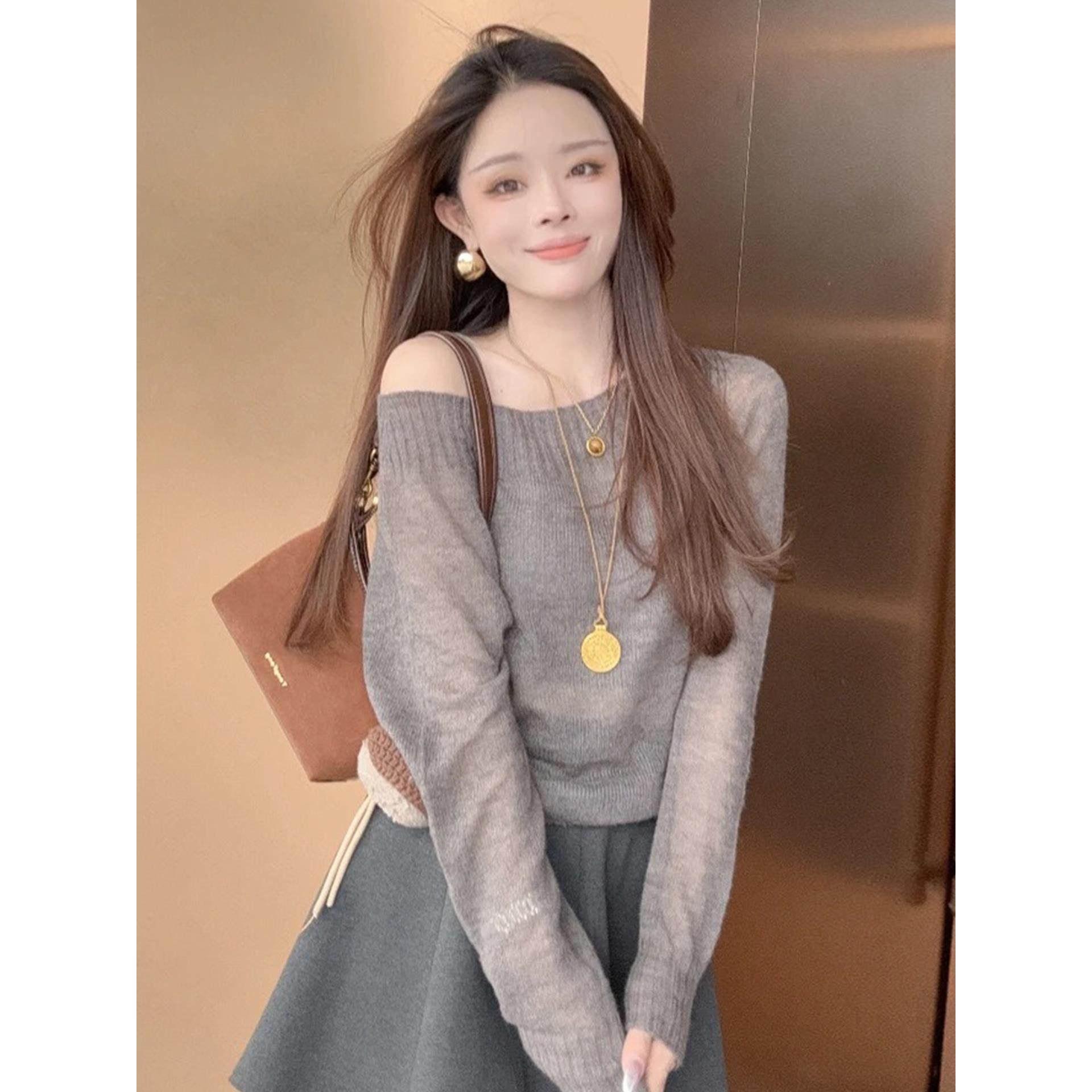 JOYIASS早秋薄款穿搭斜肩长袖针织衫女2025新款时尚洋气宽松显瘦