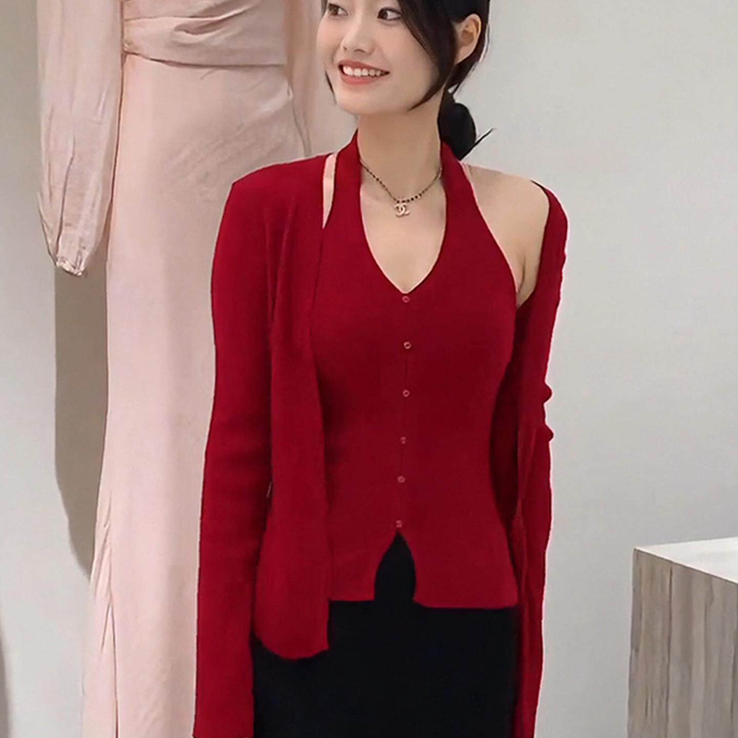 JOYIASS挂脖v领针织衫两件套女装2025新款春秋季时尚洋气巨好看轻