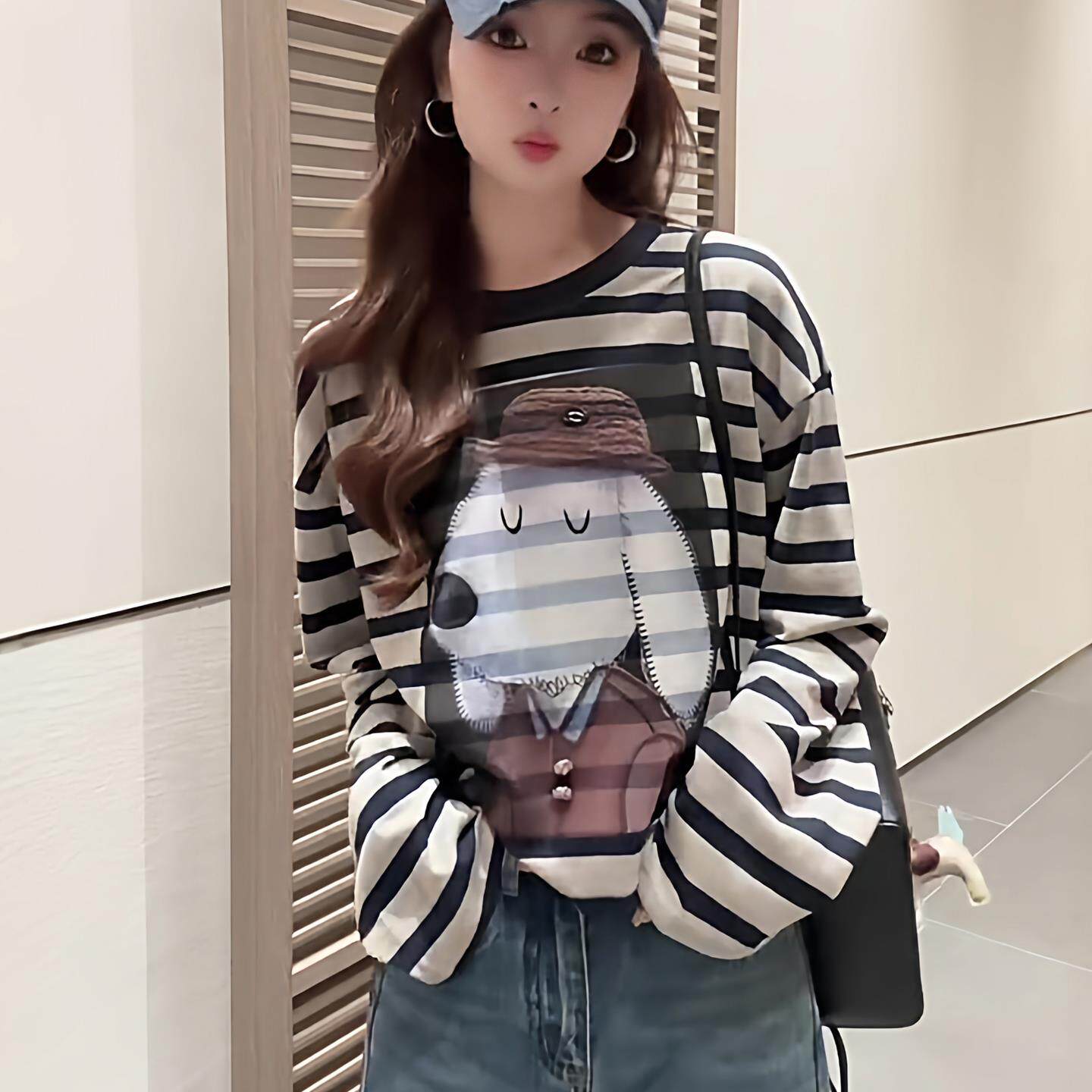 JOYIASS韩版条纹圆领长袖t恤女2025新款爆款春秋季时尚洋气减龄宽