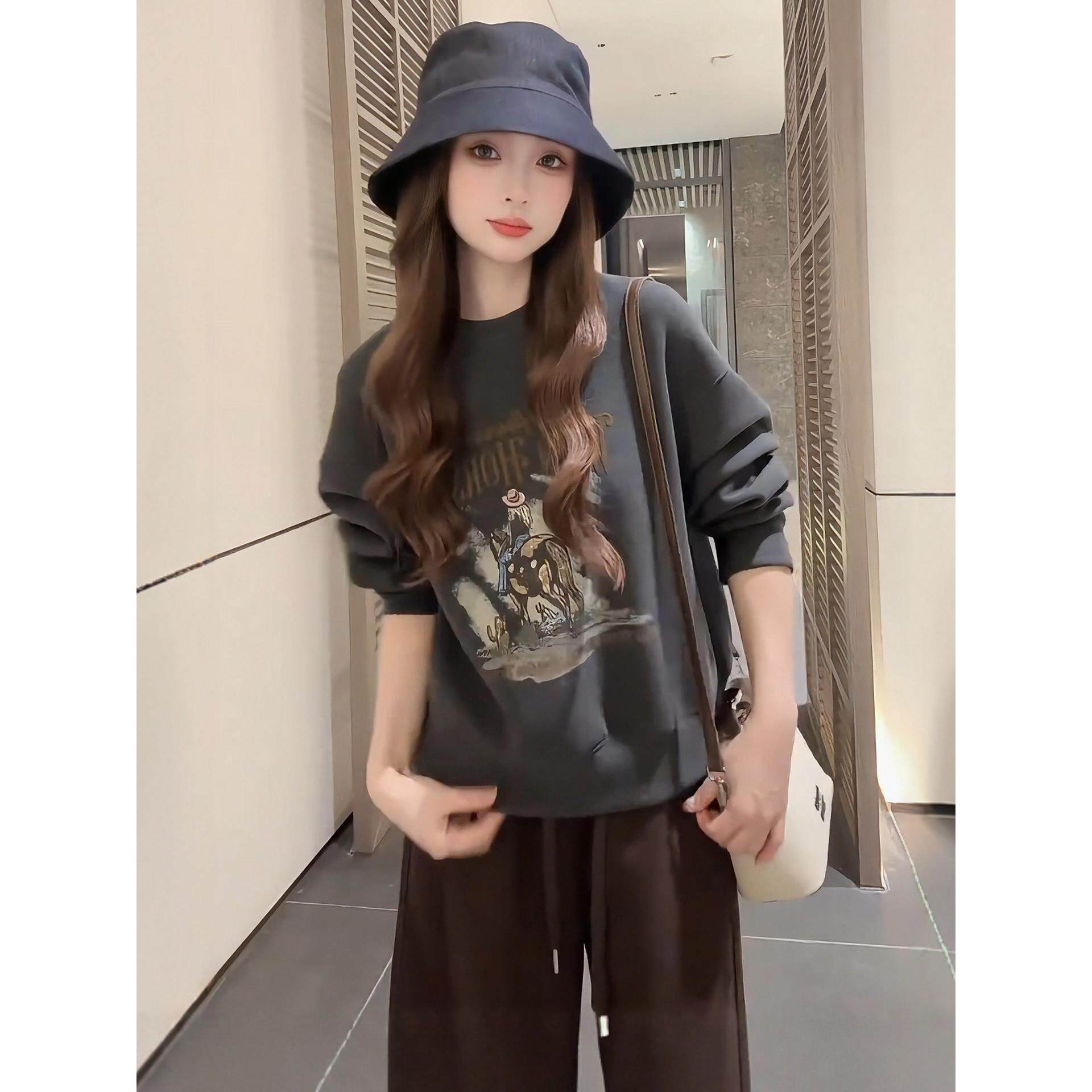 JOYIASS美式覆古圆领长袖卫衣无帽女款2025新款秋冬季慵懒风宽松
