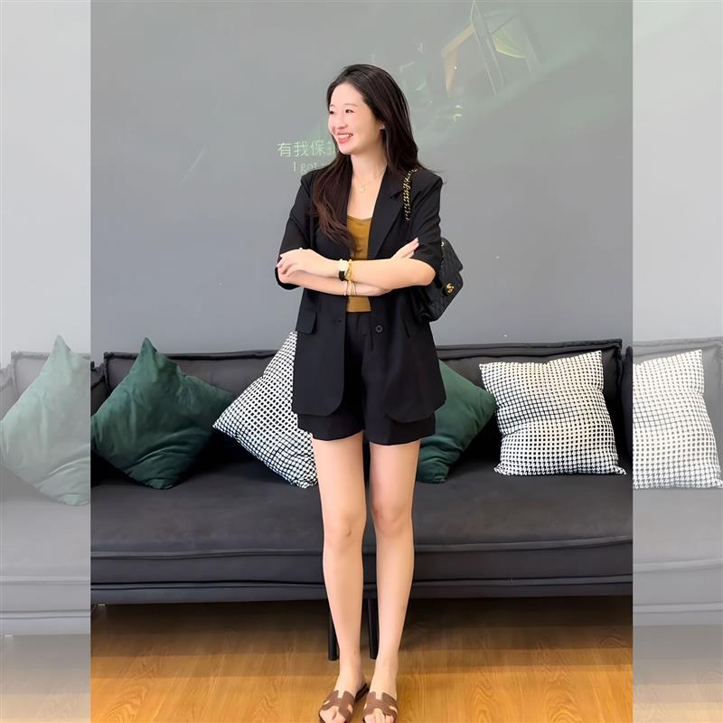 BLLOUKE夏季高级感薄款西装套装女时尚超火设计感气质黑色西服短