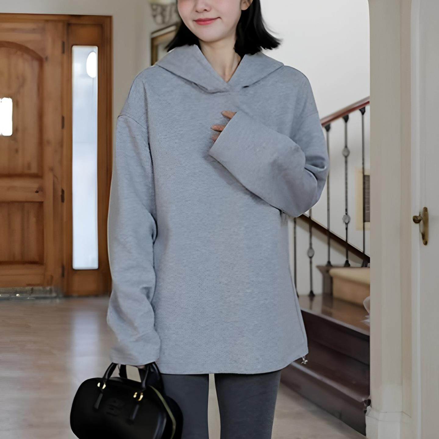 JOYIASS灰色连帽长袖卫衣女款2025新款秋冬季帽衫中长款上衣女遮