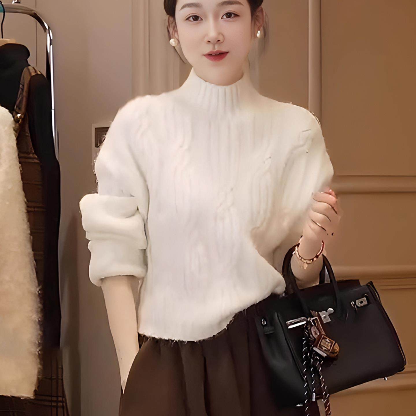JOYIASS灰色半高领麻花打底毛衣针织衫女2025新款秋冬季高级感超