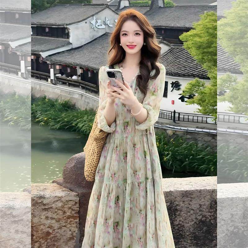 BLLOUKE绿色V领碎花五分袖连衣裙夏季女装清冷贵气感出席重要场
