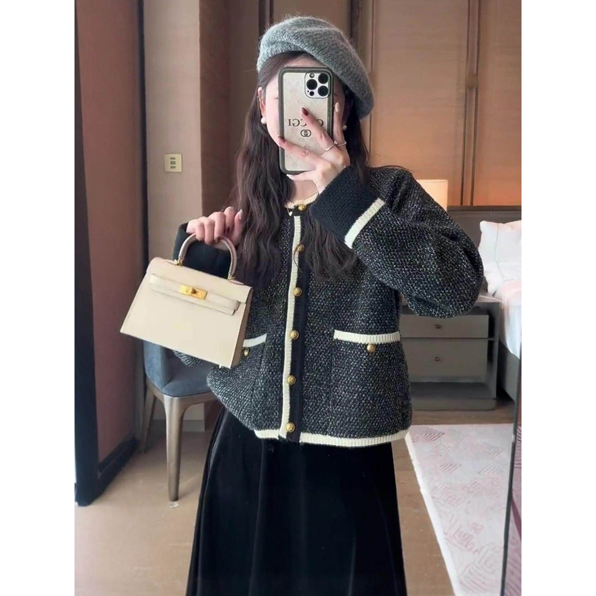 JOYIASS小香风撞色毛衣针织开衫外套女2025新款秋冬季高级感独特