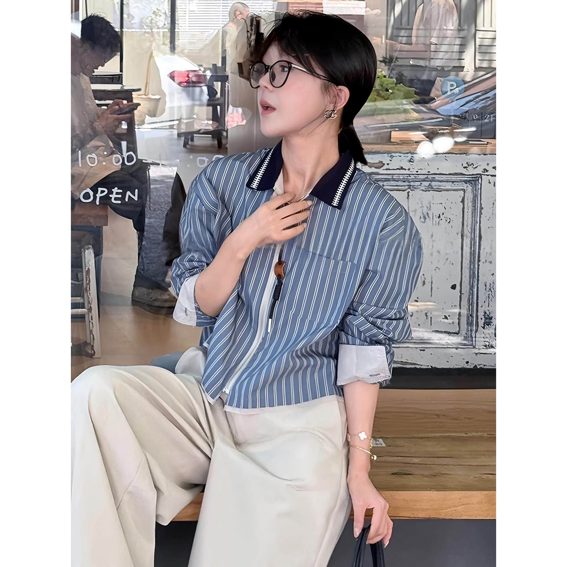 JOYIASS法式蓝色条纹长袖衬衫女款2025新款高级感秋款上衣女时尚