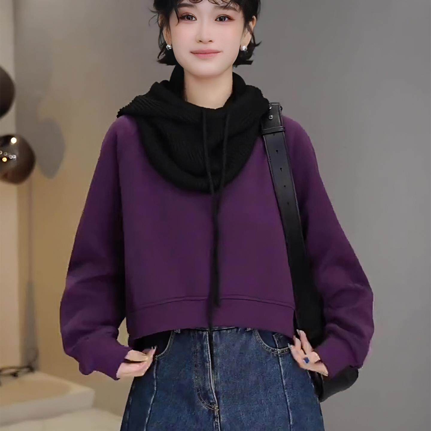 JOYIASS紫色圆领长袖加厚卫衣女款2025新款秋冬季爆款小个子时尚