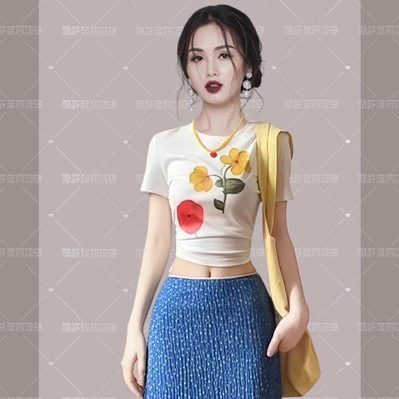 BLLOUKE小清新甜美风套装女新款盐系少女印花短袖上衣碎花半身裙