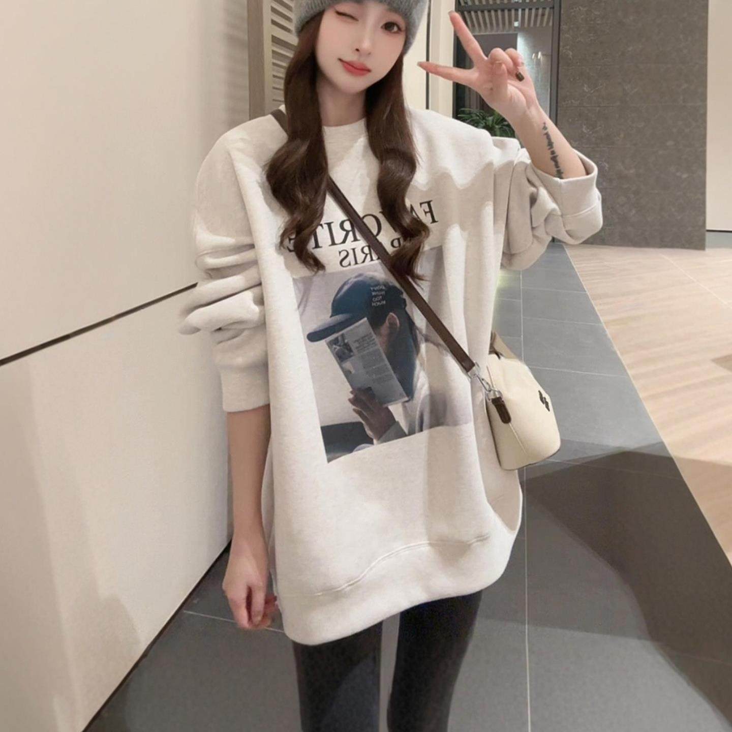 JOYIASS美式圆领加厚加绒卫衣女款2025新款秋冬季中长款上衣女遮