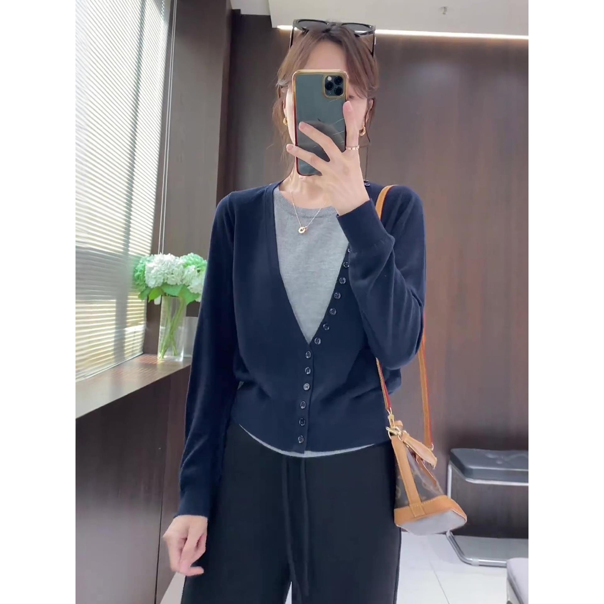 JOYIASS早秋薄款穿搭撞色长袖针织开衫女装2025新款假两件上衣女